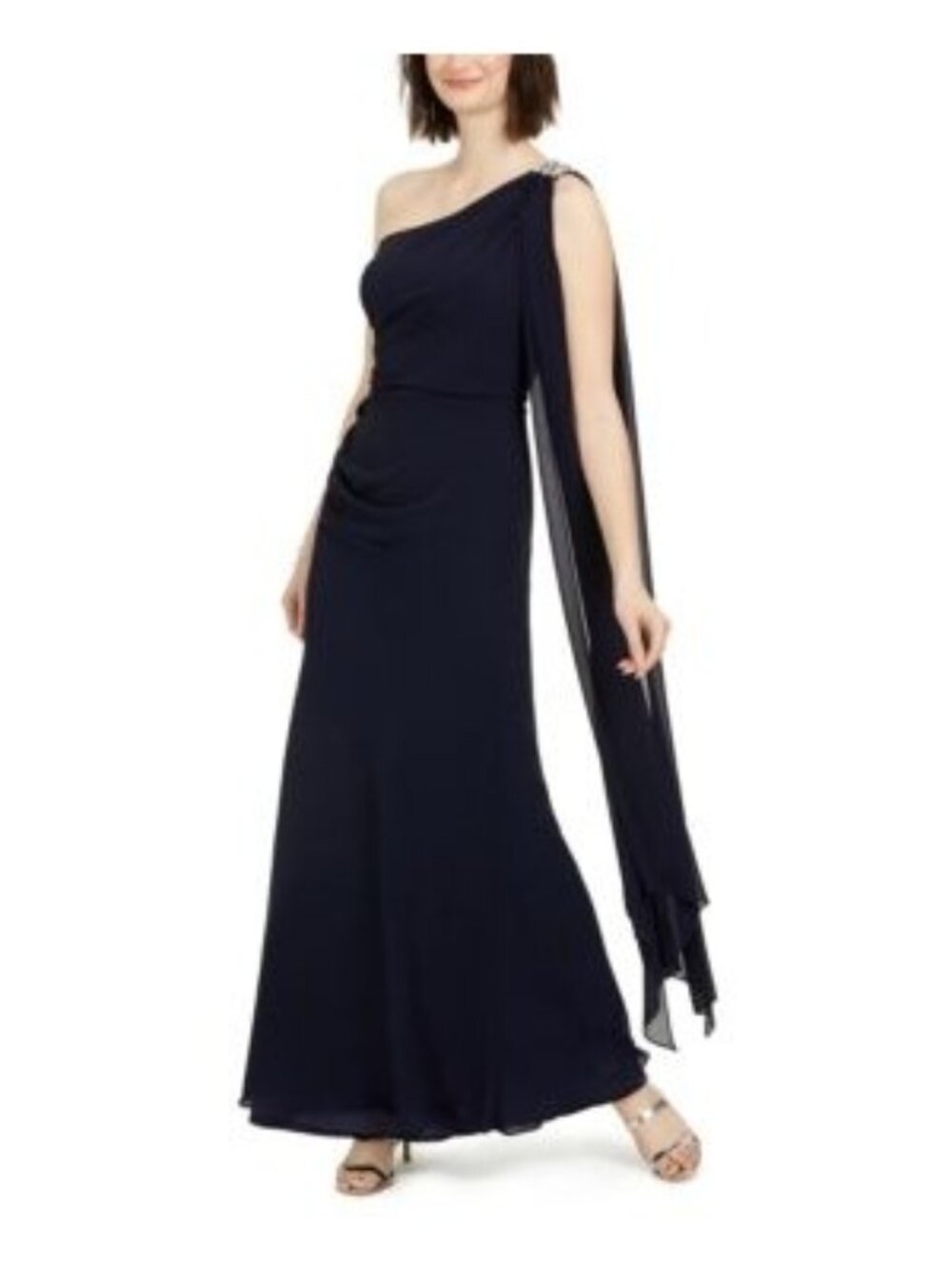 VINCE CAMUTO Womens Zippered One-shoulder Chiffon Gown Navy Blue Size 10P NWT